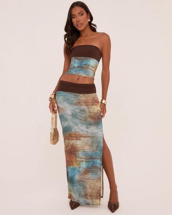 Contrast Fold Over Waistband Maxi Skirt In Green Abstract Print Slinky