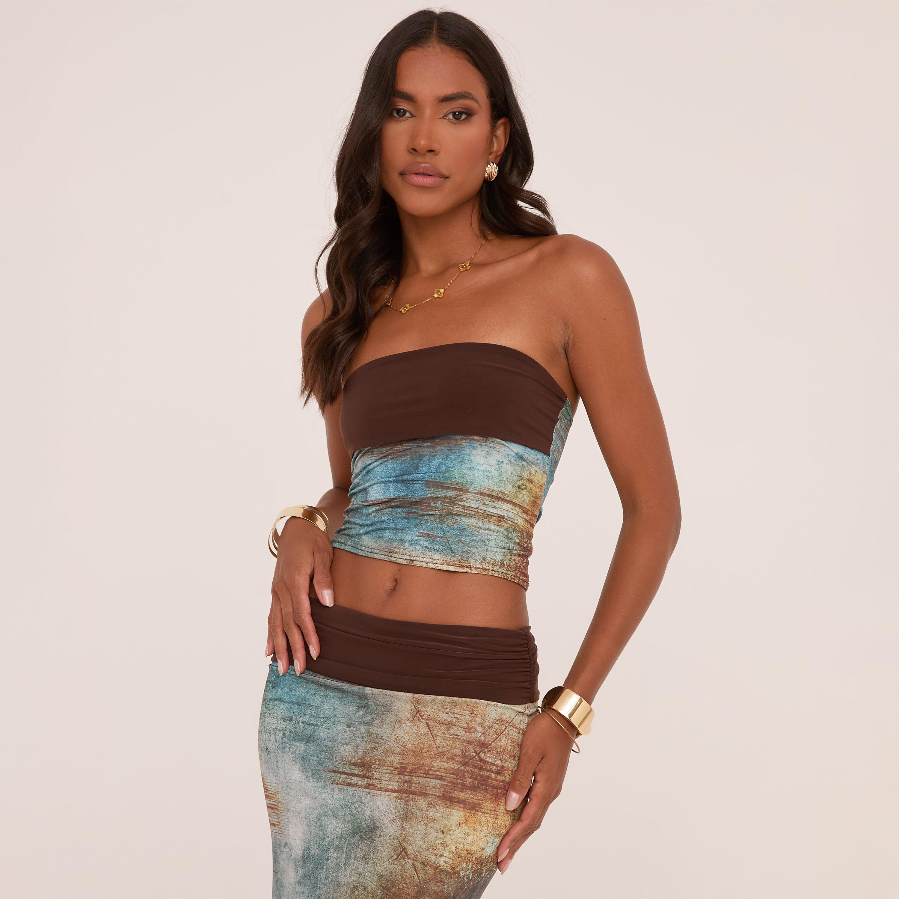 Image of Contrast Fold Over Bandeau Crop Top In Green Abstract Print Slinky, Women's