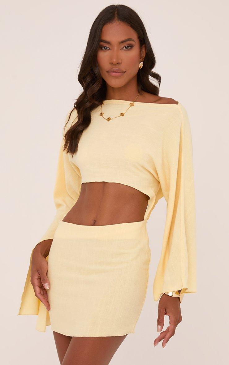 Long Flared Sleeve Cut Out Front Mini Dress In Yellow Linen | EGO US | EGO
