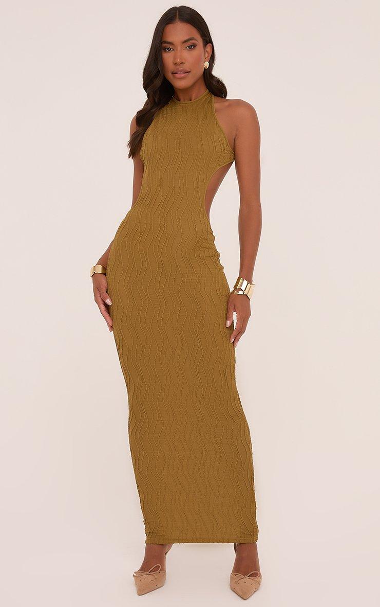 Racer Neck Open Back Maxi Dress In Olive Green Texture | EGO EU | EGO