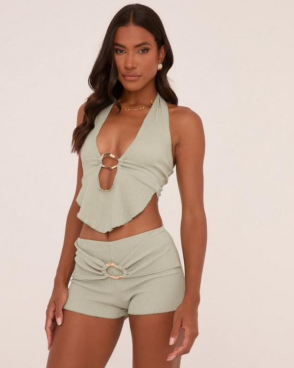 Plunge Ring Detail Crop Top In Sage Green