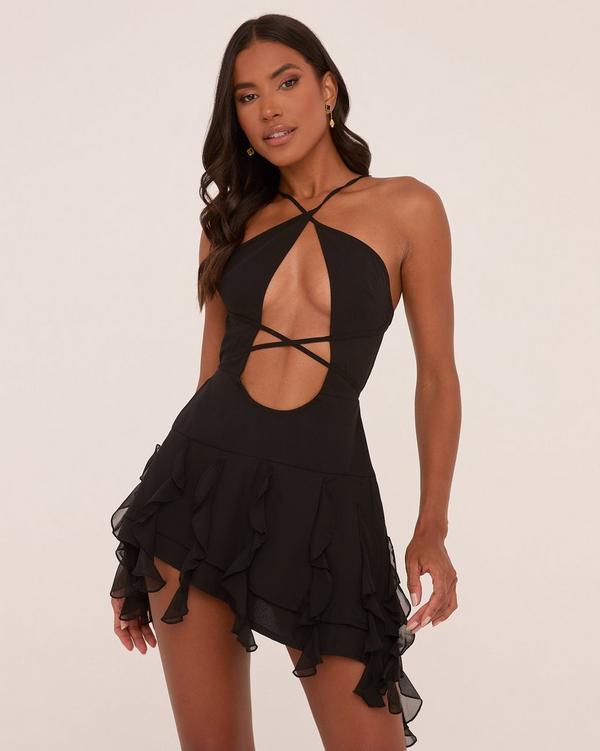Plunge Strappy Front Frilly Hem Mini Dress In Black Woven EGO
