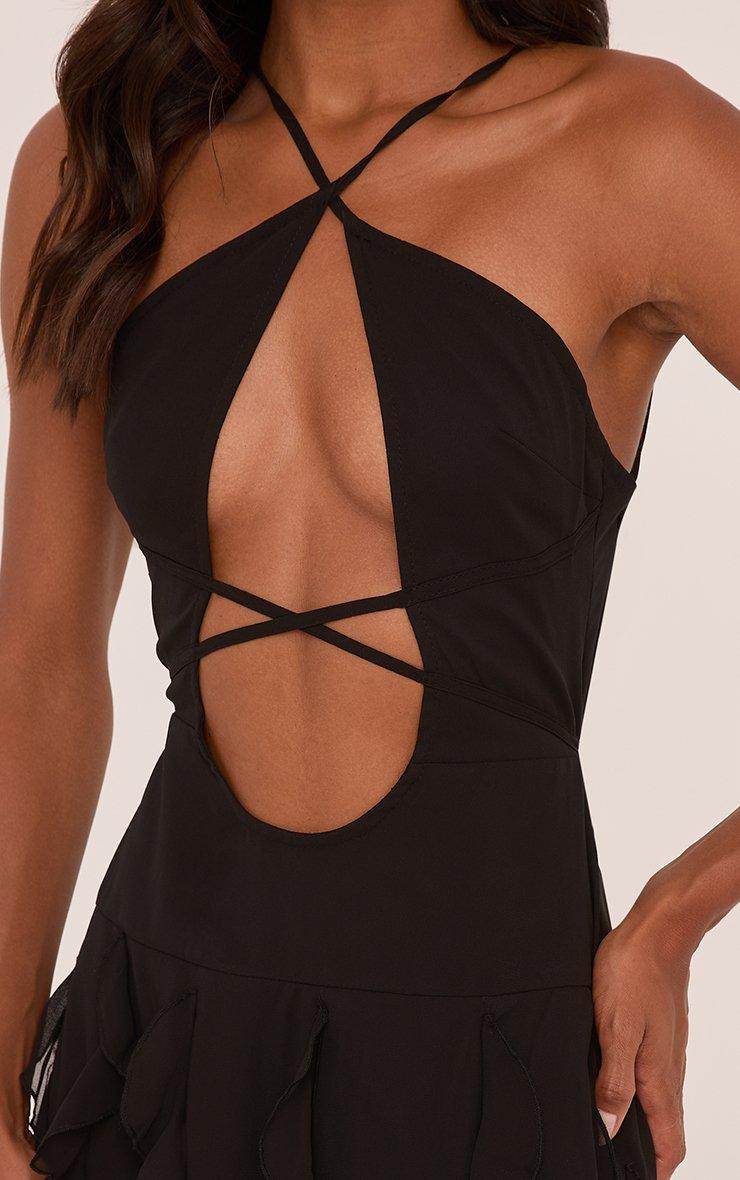 Plunge Strappy Front Frilly Hem Mini Dress In Black Woven | EGO US
