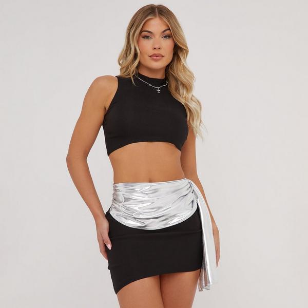 High Neck Multi Strap Detail Crop Top In Black Faux Leather
