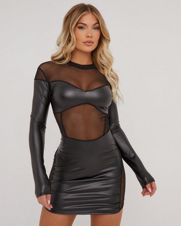 Long Sleeve Mesh Insert Detail Mini Bodycon Dress In Black Faux