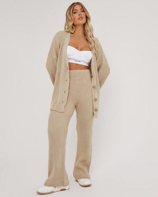 Oversized Button Up Cardigan And High Waist Flared Trousers Co-Ord