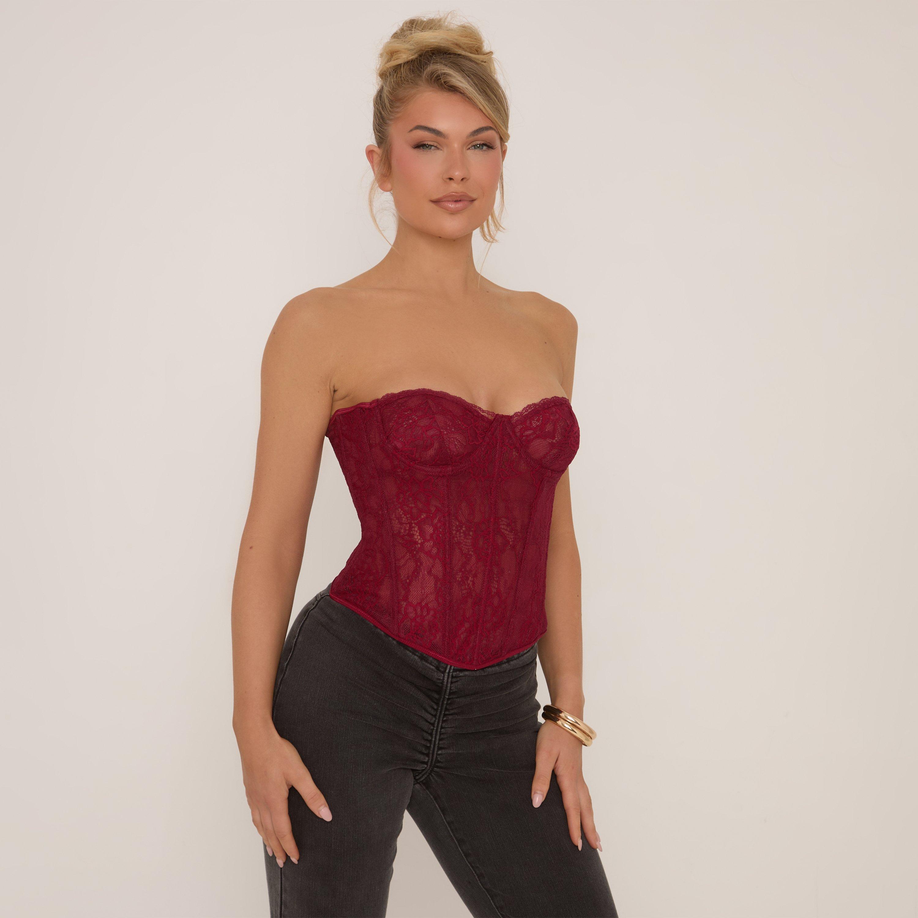 Bandeau Structured Detail Corset Top In Burgundy Lace, Women’s