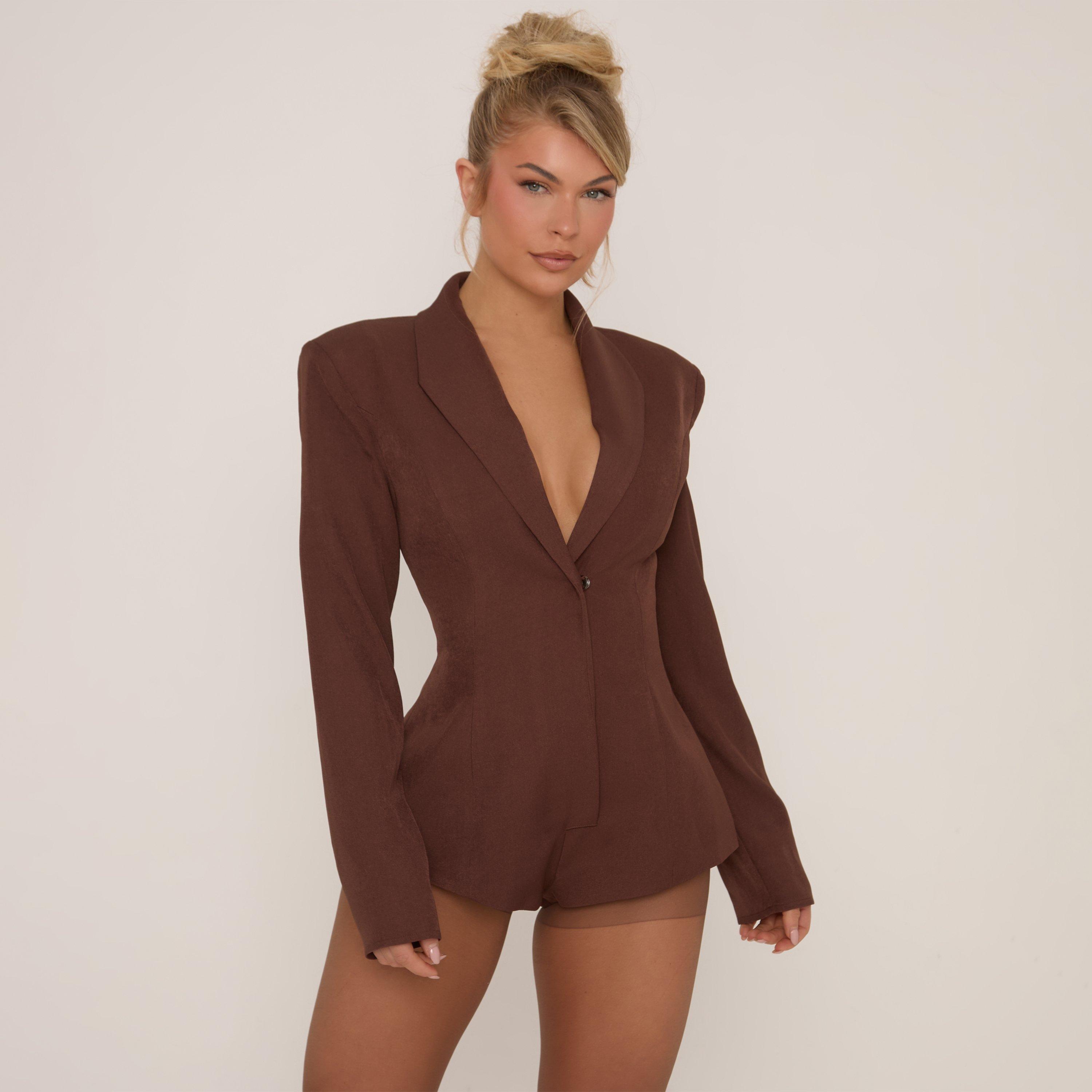 Image of Plunge Neck Shoulder Pad Detail Tailored Playsuit In Brown, Women's