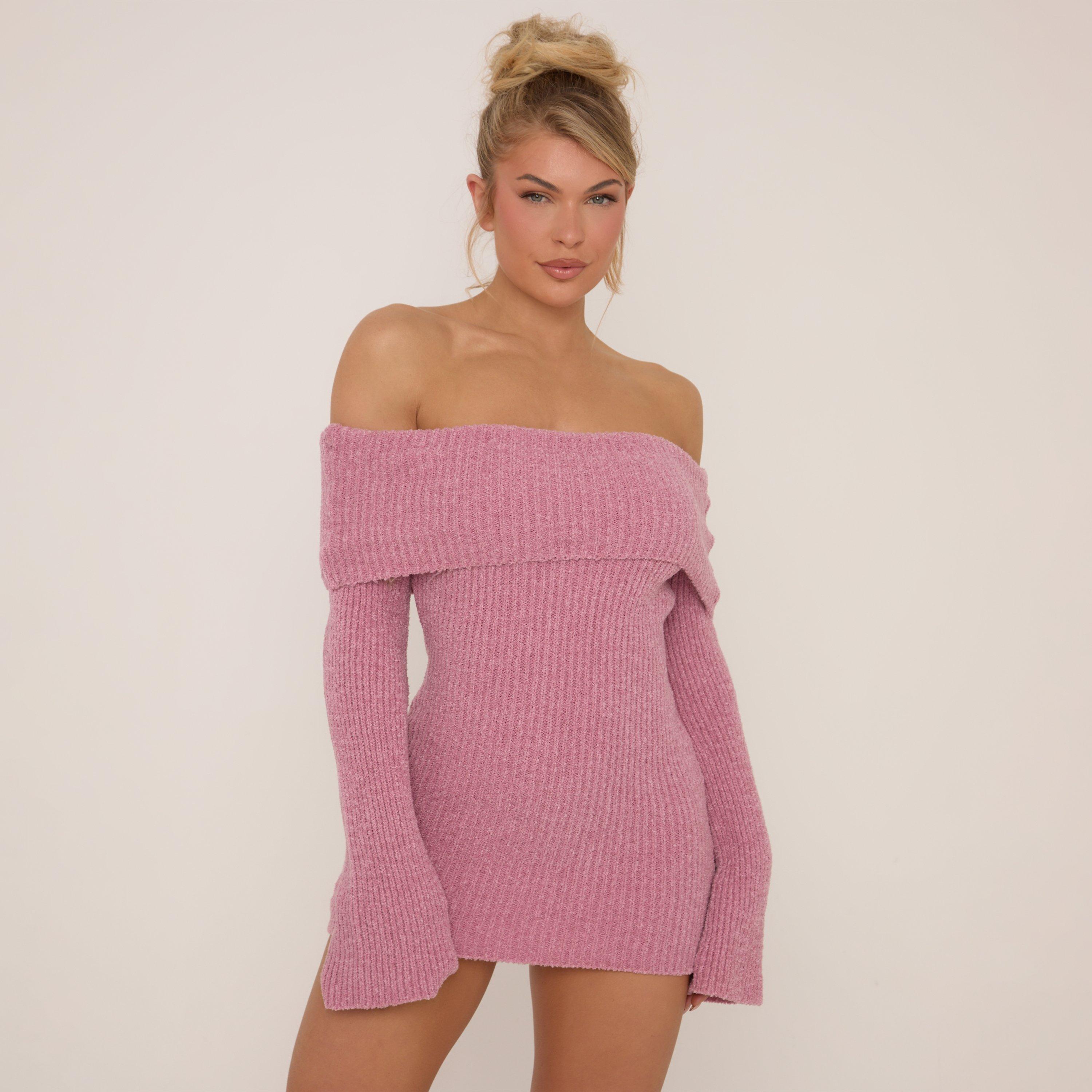 Fold Over Bardot Mini Bodycon Dress In Two Tone Pink Boucle Knit, Women's Size UK L