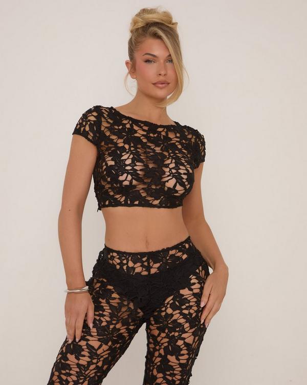 Short Sleeve Crop Top In Black Lace