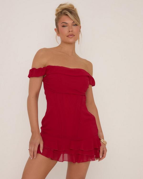 Bardot Corset Detail Frilly Mini Dress In Red Woven EGO