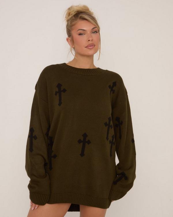 Long Sleeve Cross Patch Detail Oversized Jumper In Dark Khaki Green Knit