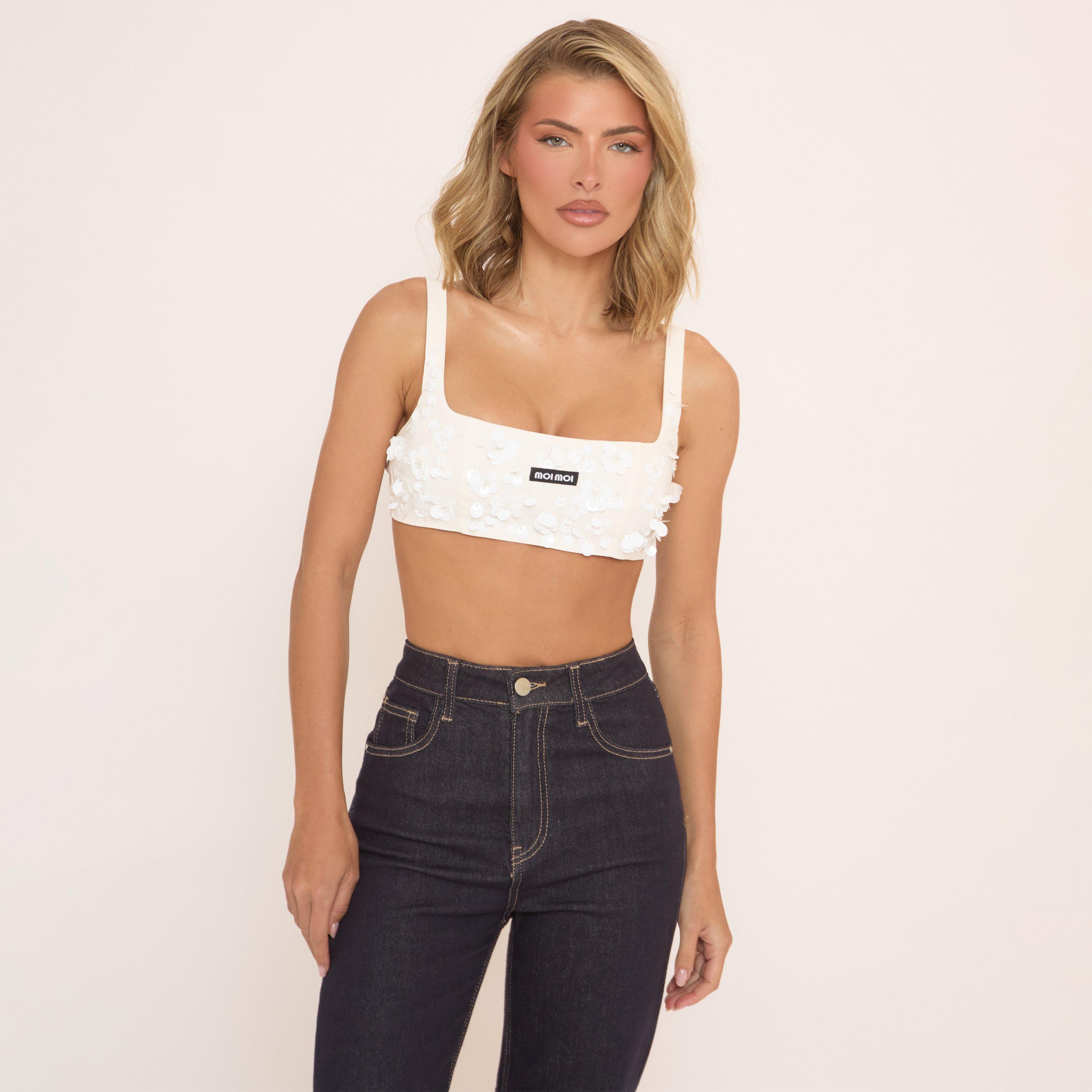 Square Neck Moi Moi Crop Top In White Applique, Women's Size UK 12
