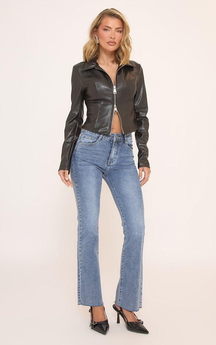 Long Sleeve Double Zip Fitted Jacket In Black Faux Leather | EGO