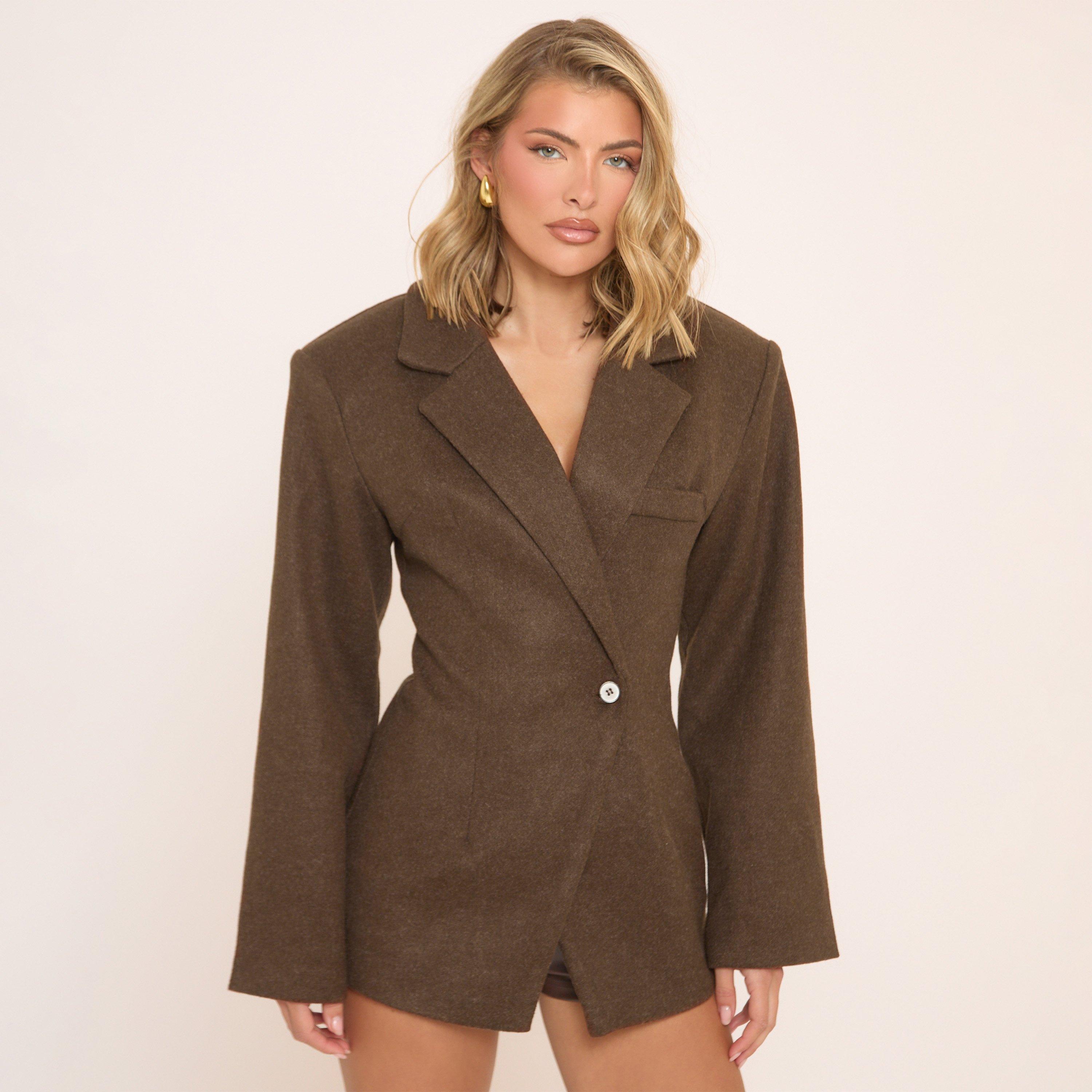 Long Sleeve Cinched Waist Wool Look Blazer In Brown, Women’s