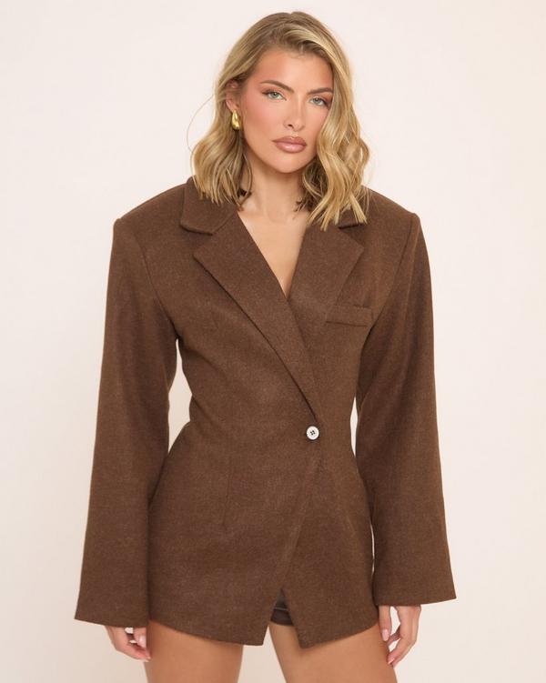 Long Sleeve Cinched Waist Wool Look Blazer In Brown