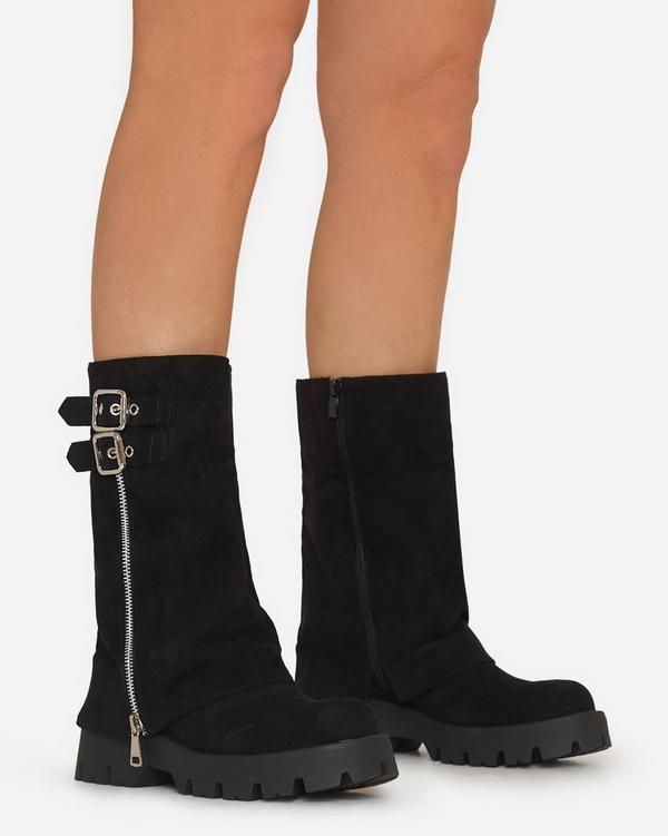 Anna Double Buckle Zip Detail Layered Mid Calf Biker Boot In Black Faux Suede