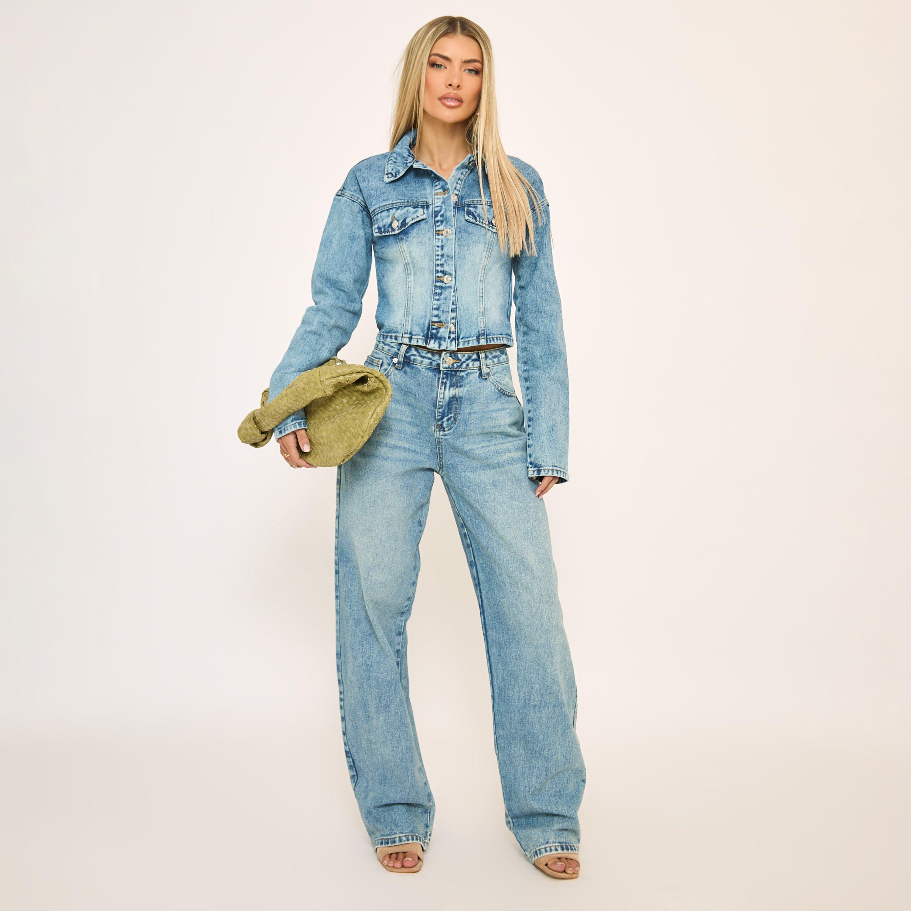 Low Rise Barrel Jeans In Washed Blue Denim, Women's Size UK 6