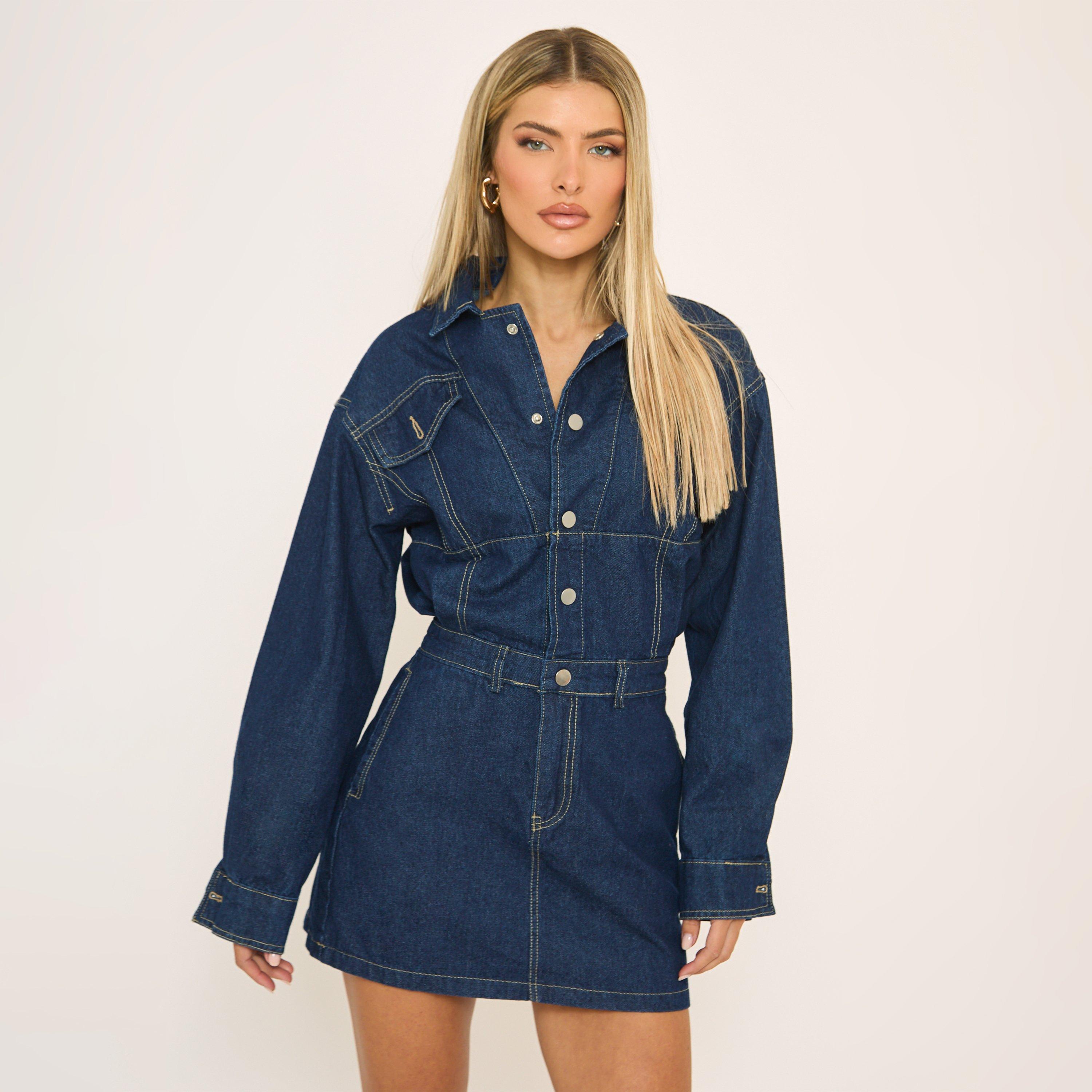Long Sleeve Button Front Mini Dress In Indigo Blue Denim, Women’s