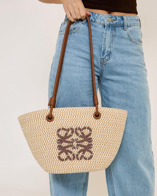 Swirl Detail Oversized Shopper Bag In Beige Woven