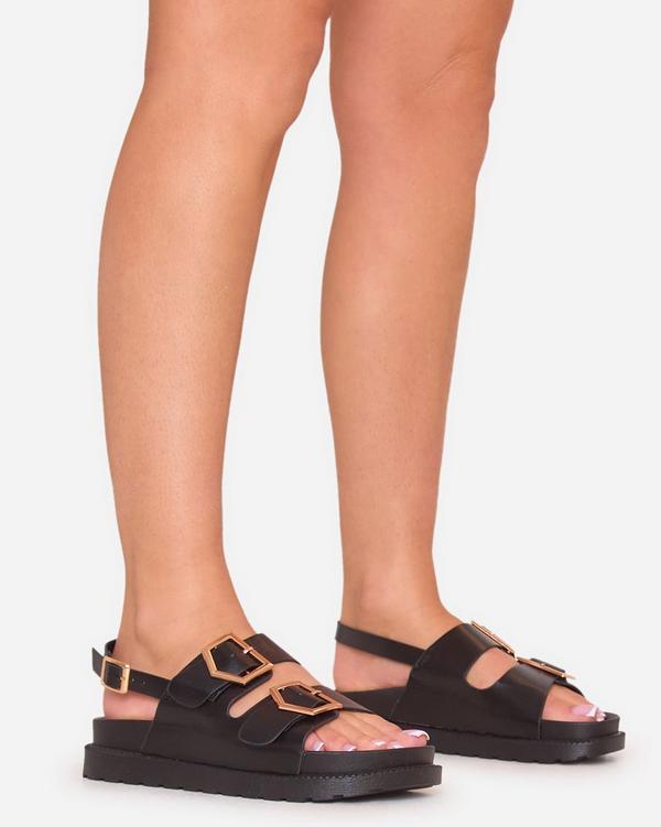 Delila Double Strap Buckle Detail Chunky Flat Sandal In Black Faux Leather