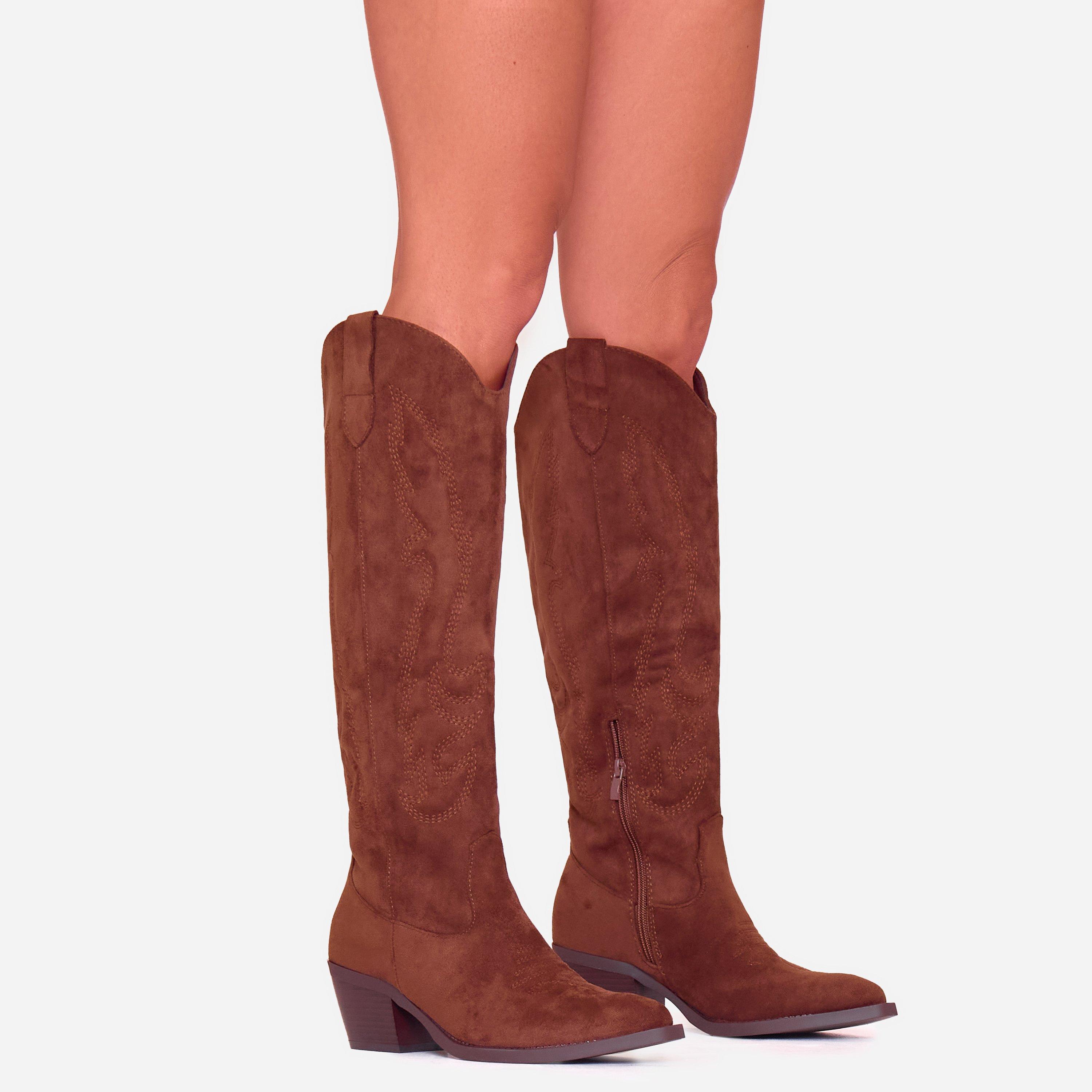 Cardinia Embroidered Detail Pointed Toe Knee High Long Western Boot In Dark Olive Faux Suede, Women’s