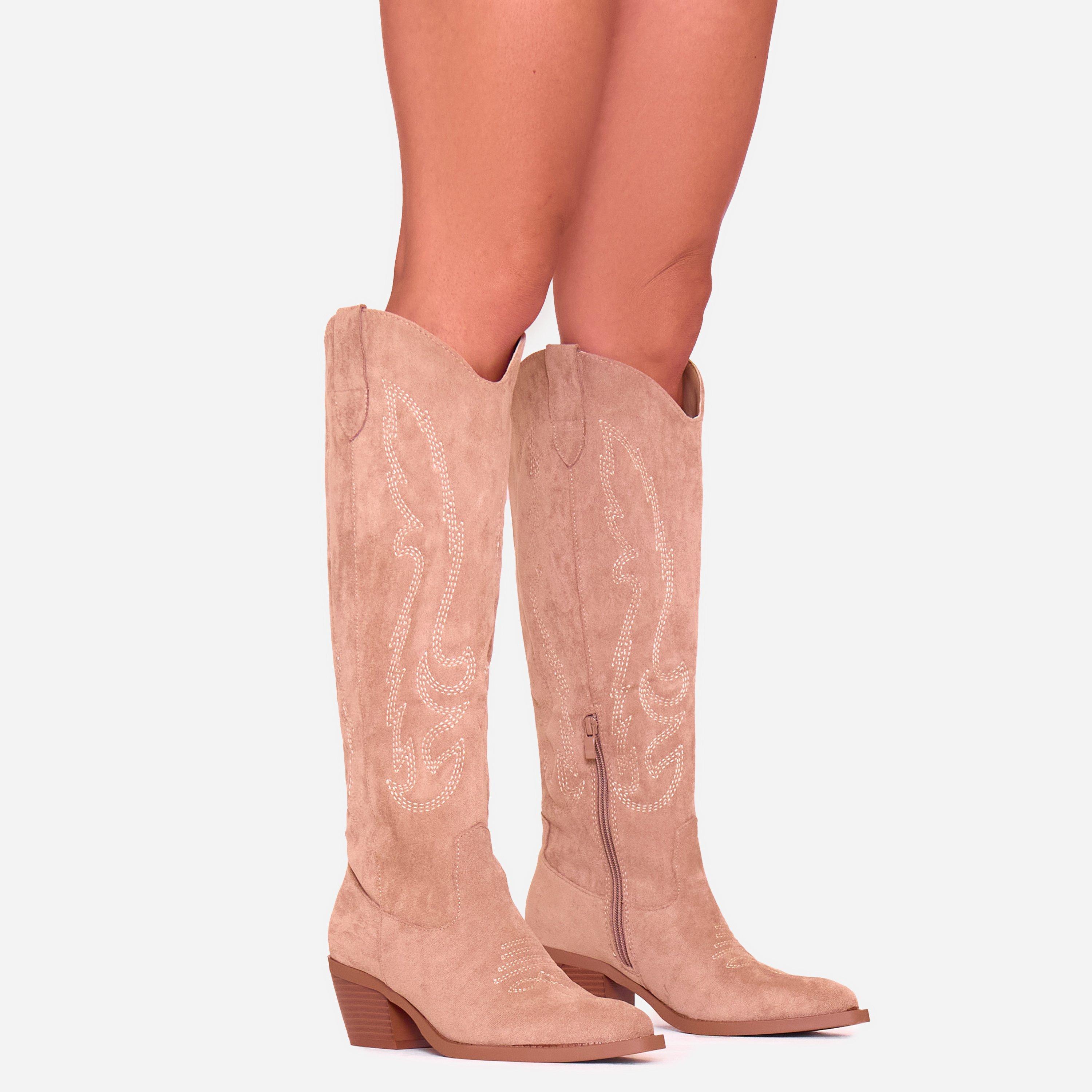 Cardinia Embroidered Detail Pointed Toe Knee High Long Western Boot In Beige Faux Suede, Women’s