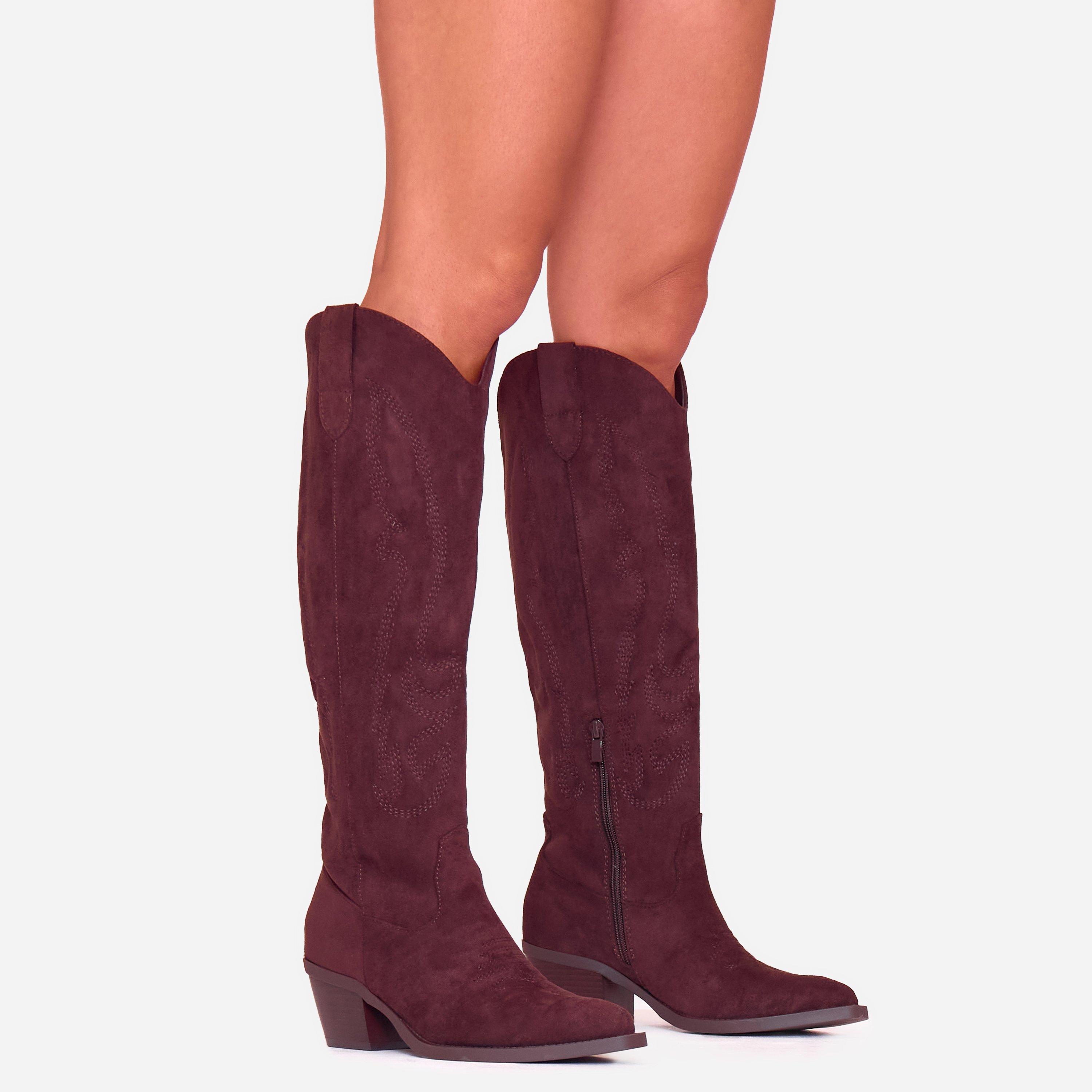 Cardinia Embroidered Detail Pointed Toe Knee High Long Western Boot In Brown Faux Suede, Women’s
