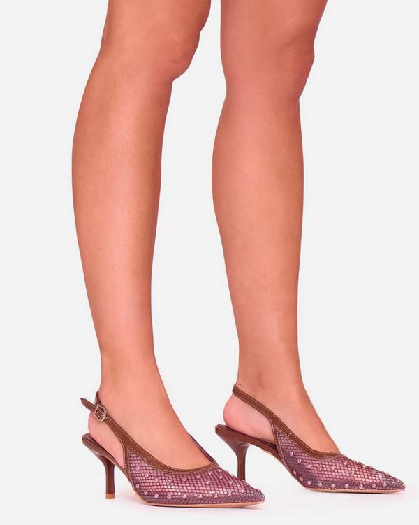 Iluka Diamante Detail Pointed Toe Slingback Court Heel In Brown Faux Leather