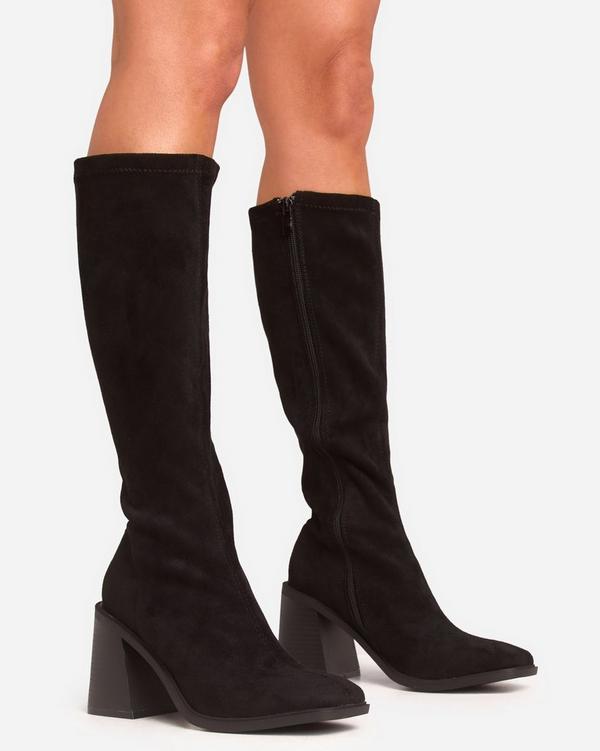 Wade Square Toe Block Heel Knee High Long Boot In Black Faux Suede EGO