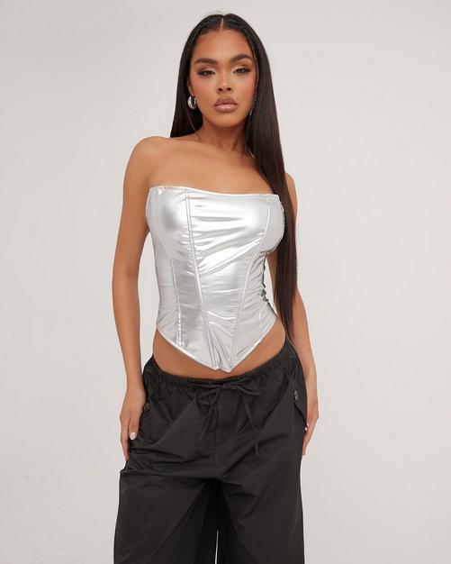 White Satin Pointed Hem Bandeau Corset, Tops