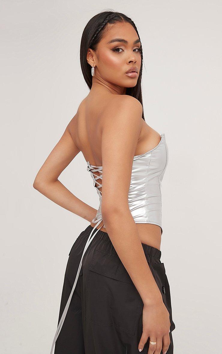 Bandeau Structured Lace Up Back Detail Corset Top In Silver