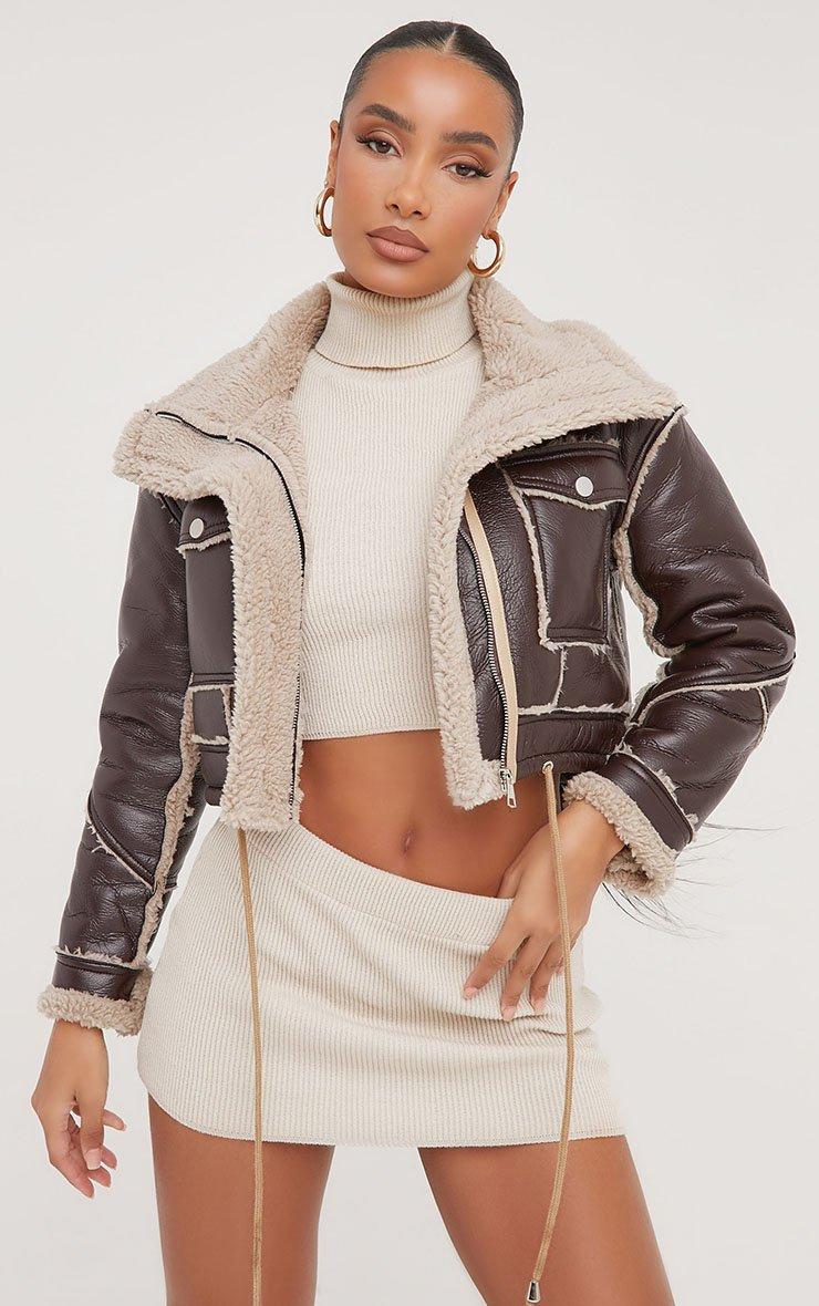 Pocket Detail Draw String Borg Lined Aviator Jacket In Brown Faux