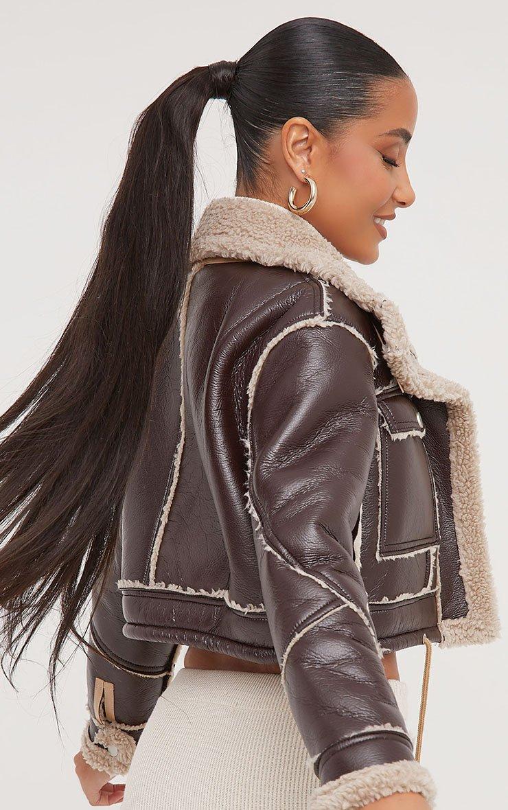 Pocket Detail Draw String Borg Lined Aviator Jacket In Brown Faux