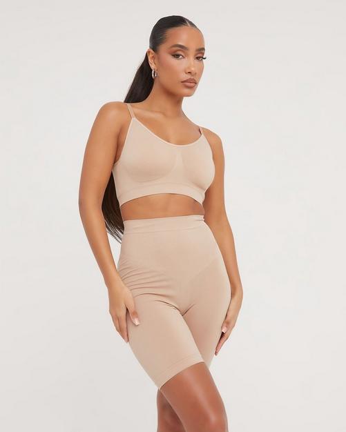 Beige Ribbed Long Sleeve Crop Top & Cycling Shorts Co Ord Set