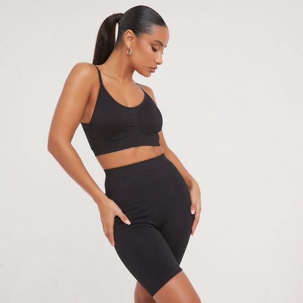 Thin Straps Scoop Back Bralette And High Waist Cycling Shorts Seamless  Lounge Set In Black