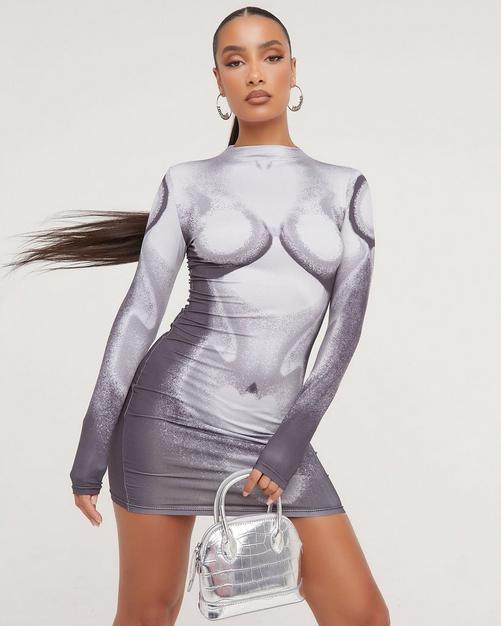 Long Sleeve Body Print Detail Mini Bodycon Dress In Grey Slinky