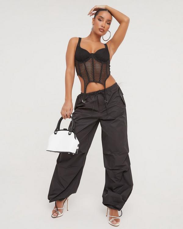 Low Rise Oversized Parachute Cargo Trousers In Black