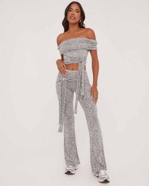 Fold Over Waistband Detail Flared Trousers In Grey