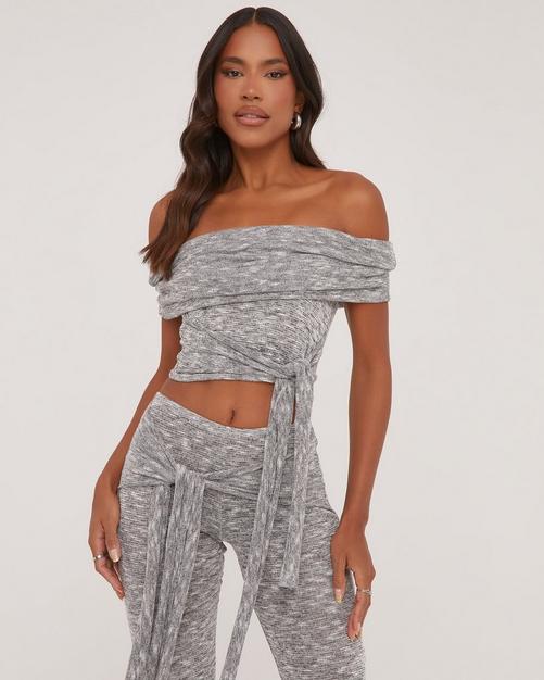 Extreme Plunge Neck O Ring Detail Tie Back Top In Grey Printed