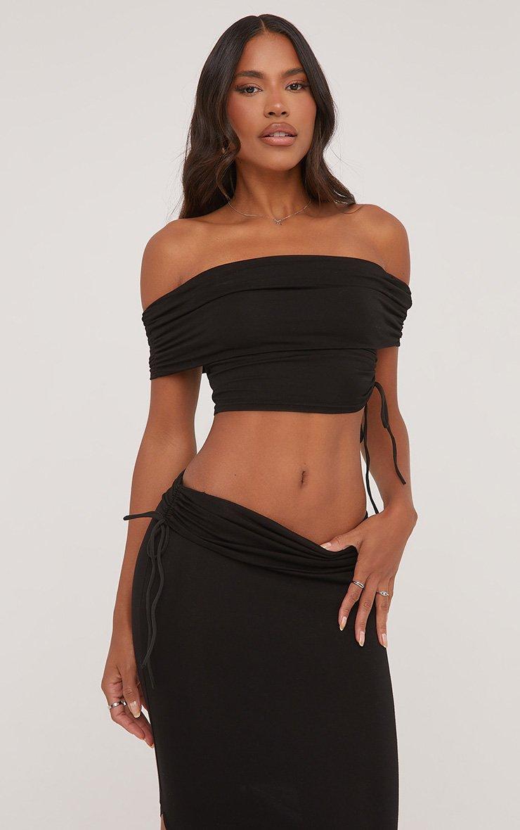 Ruched Detail Fold Over Bardot Crop Top And Fold Over Low Rise