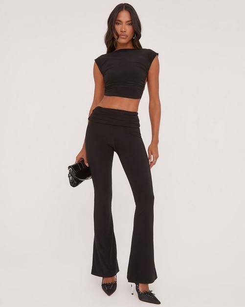 Lace Detail Bardot Crop Top And Leggings Co-Ord Set In Black