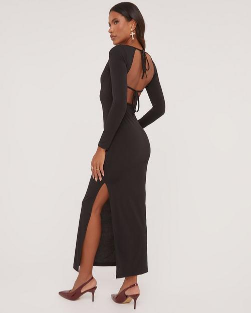 Bandeau Bodysuit Detail Maxi Dress In Black Sheer Lace