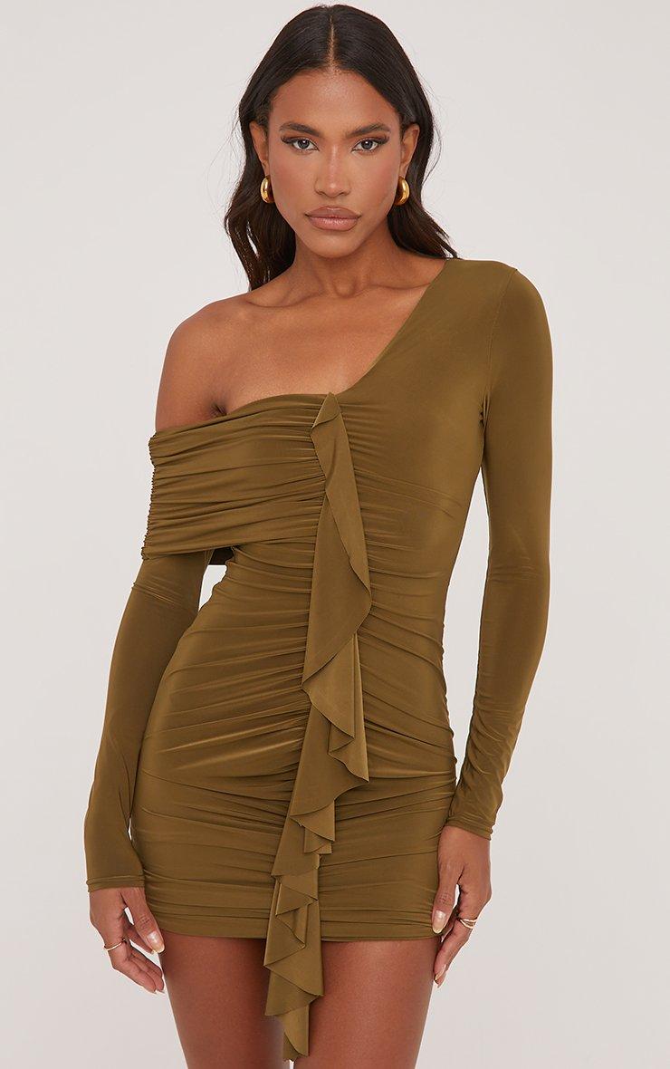 khaki bodycon dress Yuvila Bodycon Dress in Mesh Khaki