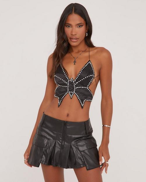 Bandeau Lace Trim Detail Structured Corset In Black Vinyl