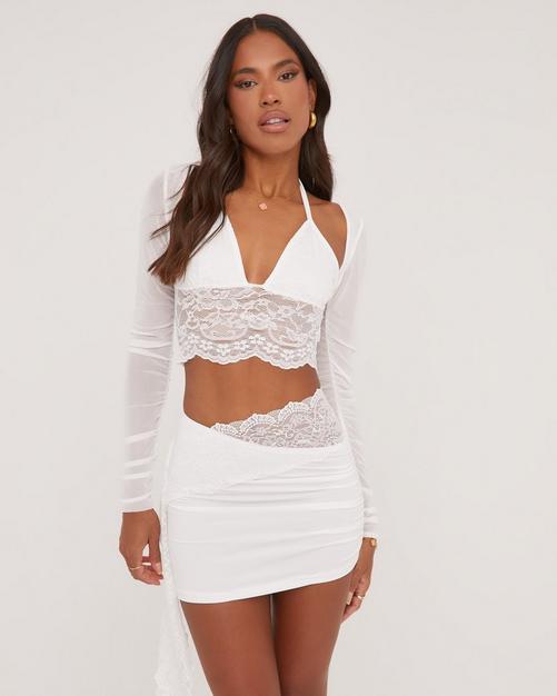 Long Sleeve Cross Back Detail Crop Top And Knot Detail Mini Bodycon Skirt  Co-Ord Set In White Slinky