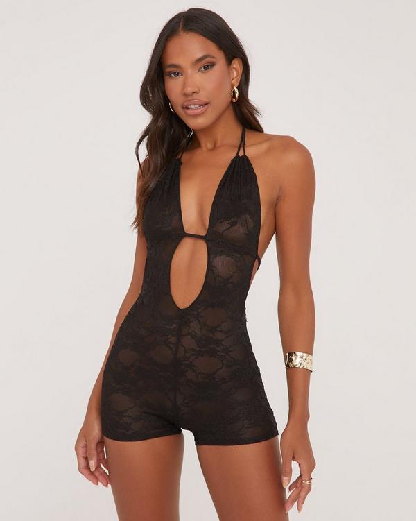 Plunge Halterneck Open Back Playsuit In Black Lace EGO