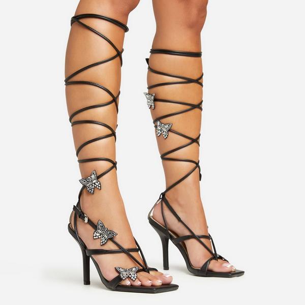 Fly-Away Lace Up Butterfly Detail Square Toe Stiletto Heel In Black Faux  Leather
