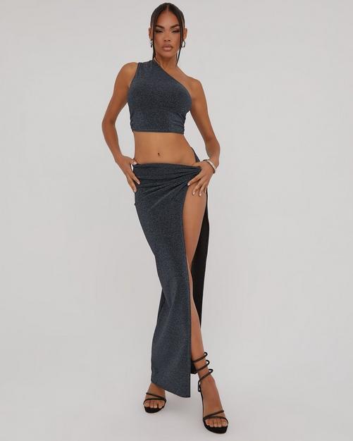 One Shoulder Crop Top And Side Split Knotted Maxi Skirt Co Ord Set In Black Glitter EGO