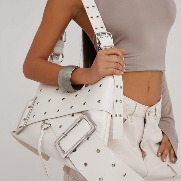 Reid Oversized Buckle Cross Strap Detail Shoulder Bag In Beige Faux Leather